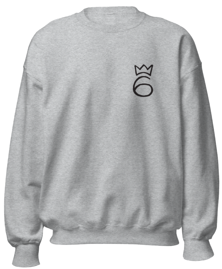 Crown on 6 Embroidered Crewneck – Black graphic on Heather Grey