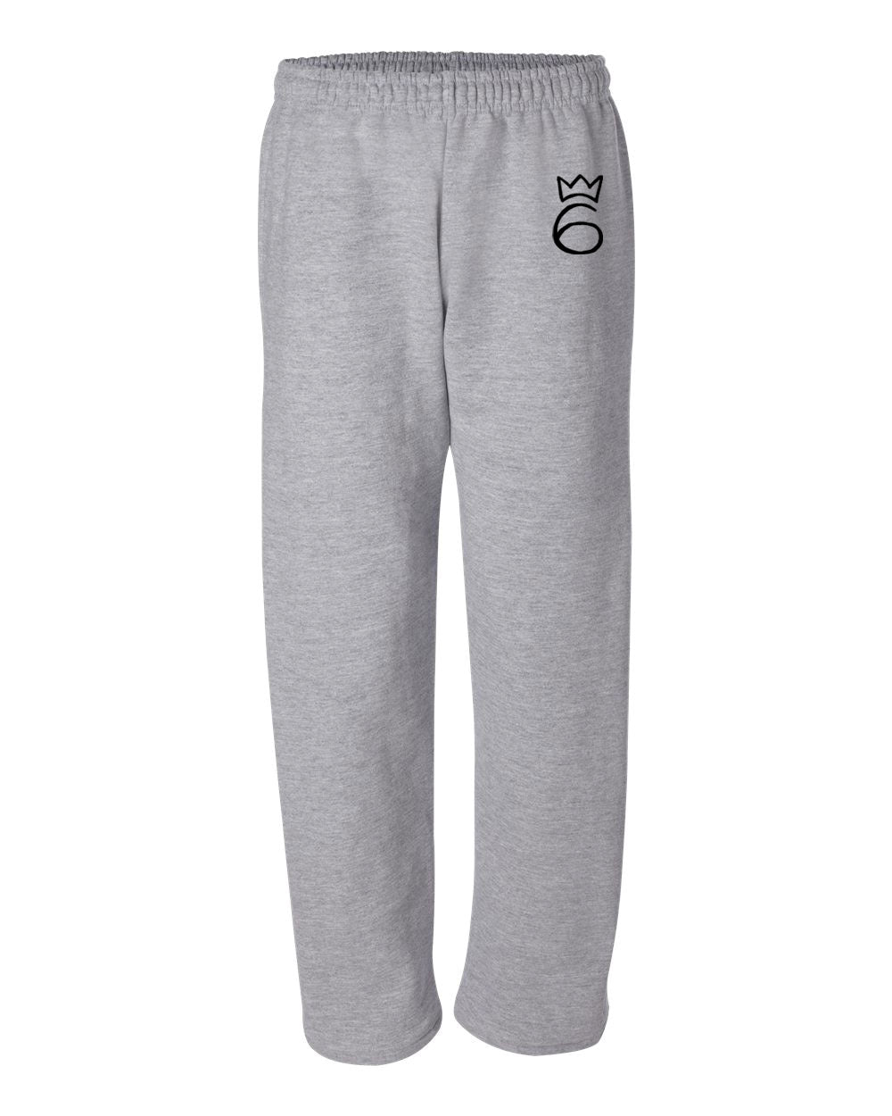 Ash grey, open-bottom sweatpants with a black logo on the left leg and a drawcord waistband