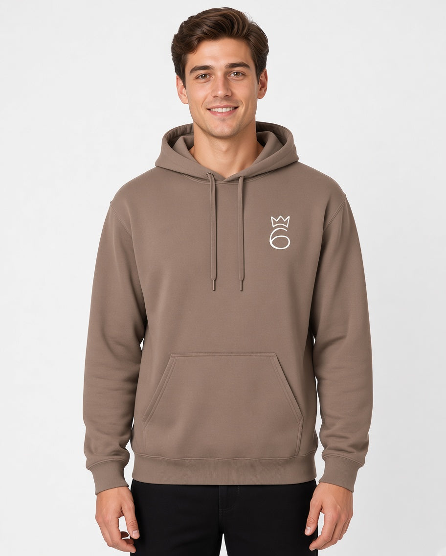 Classic Six Embroidered Hoodie – White on Savana Brown