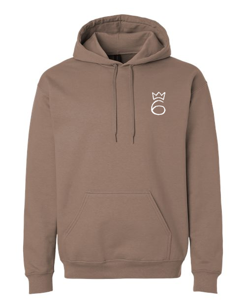 Classic Six Embroidered Hoodie – White on Savana Brown