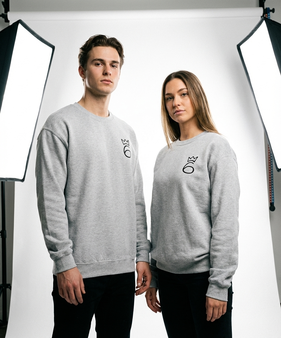 Crown on 6 Embroidered Crewneck – Black graphic on Heather Grey