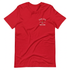 white red logo t-shirt featuring a bold design on a bright red fabric, perfect for casual wear.