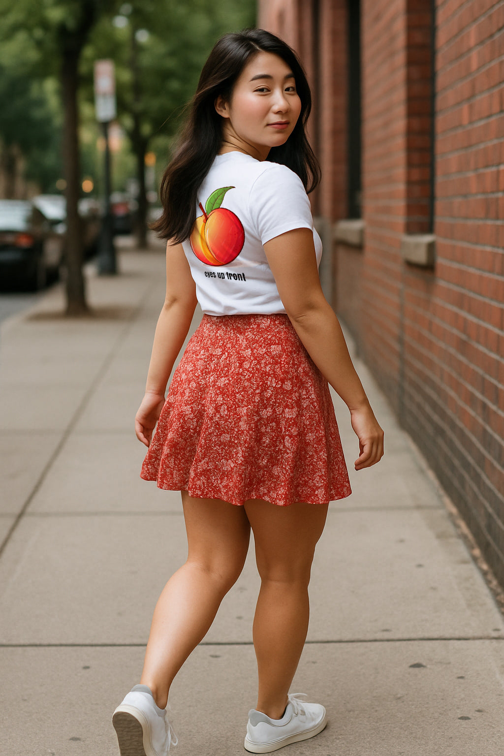 Eyes up front [Back] - Peach T-Shirt,  6 Crown [Front] – Peach on White