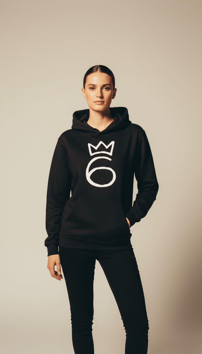 Classic Six Embroidered Hoodie – White on Black
