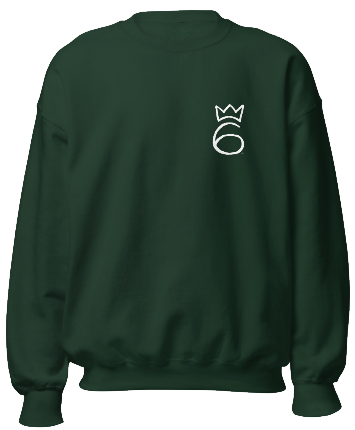 Crown on 6 Embroidered Crewneck – White graphic on Forest Green