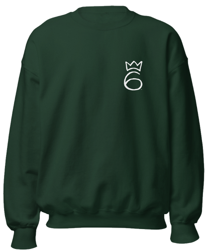 Crown on 6 Embroidered Crewneck – White graphic on Forest Green