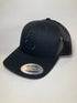 classic lightweight twill cap in black on black with a grey name tag and snapback closure.