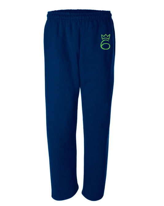 Royal blue sweatpants with a Neon green logo 