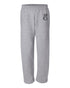Ash grey, open-bottom sweatpants with a black logo on the left leg and a drawcord waistband