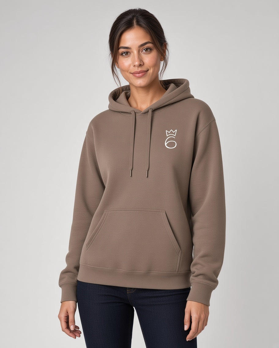 Classic Six Embroidered Hoodie – White on Savana Brown