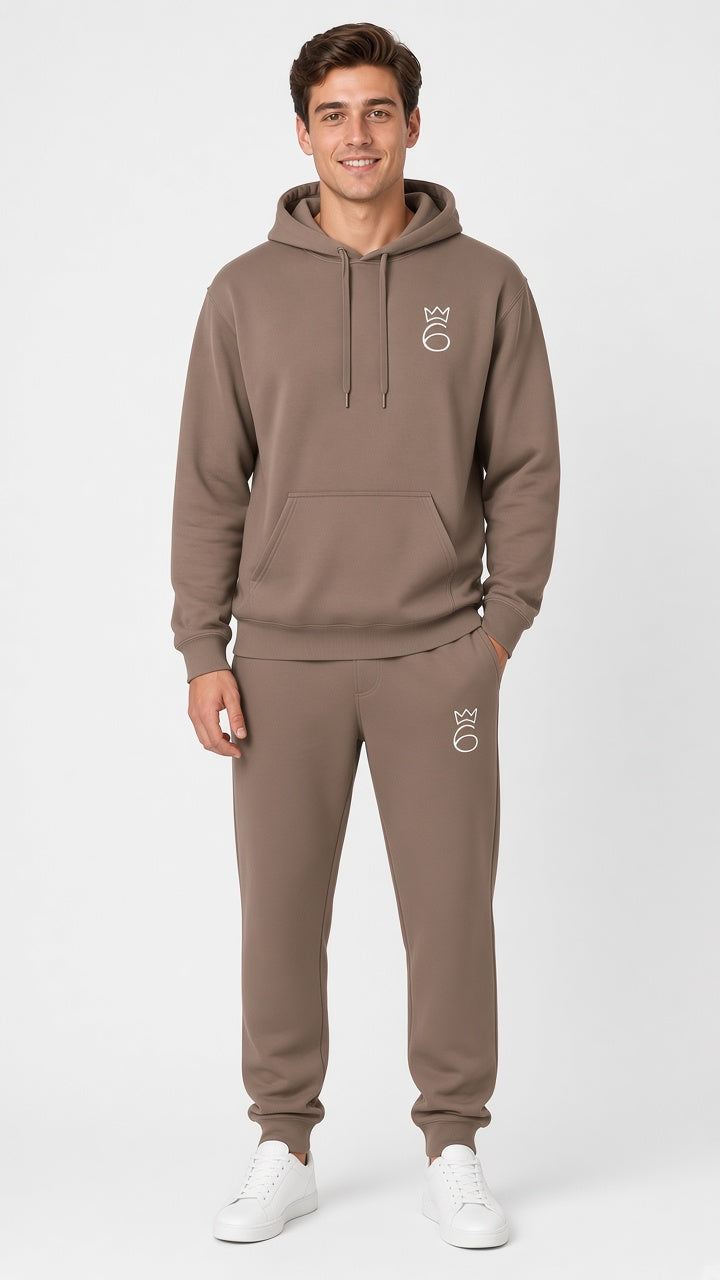 Classic Six Embroidered Sweatpant – White on Savana Brown