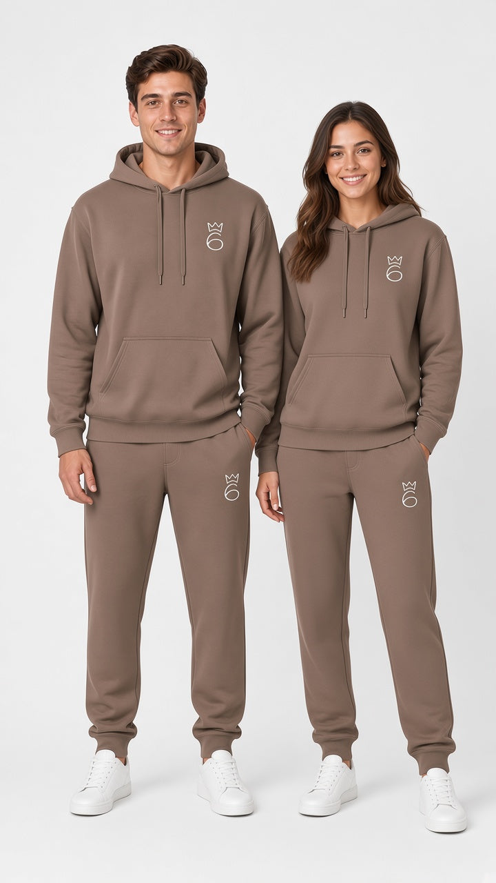 Classic Six Embroidered Hoodie – White on Savana Brown