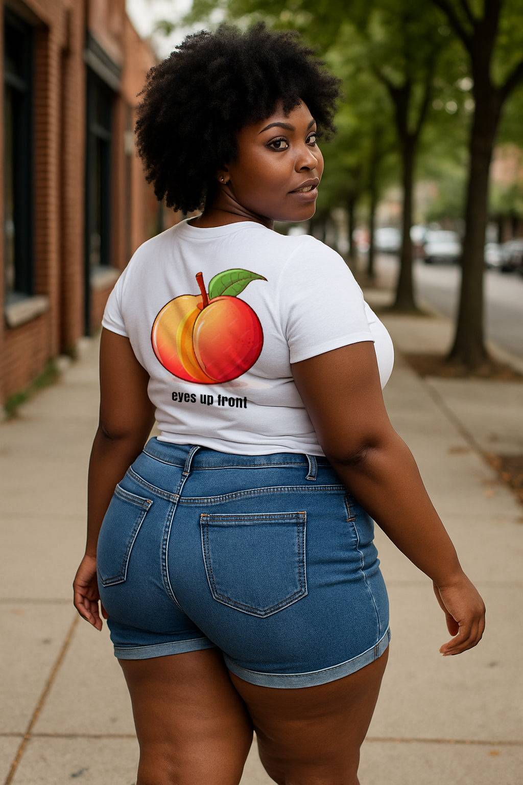 Eyes up front [Back] - Peach T-Shirt,  6 Crown [Front] – Peach on White
