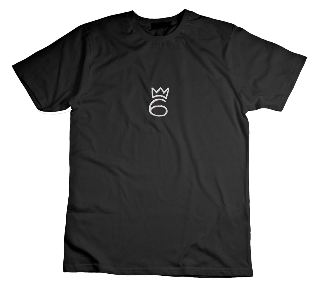 T-Shirt Small Centered Crown On 6 – White on Black (Short/Long Sleeve)