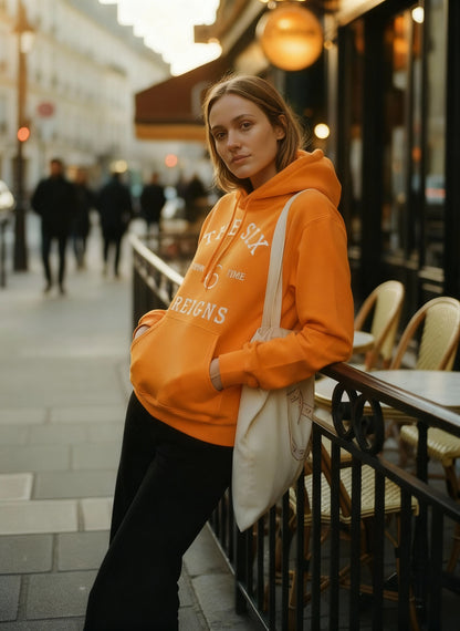 From Time Logo Embroidered Hoodie – White graphic on Safety Orange