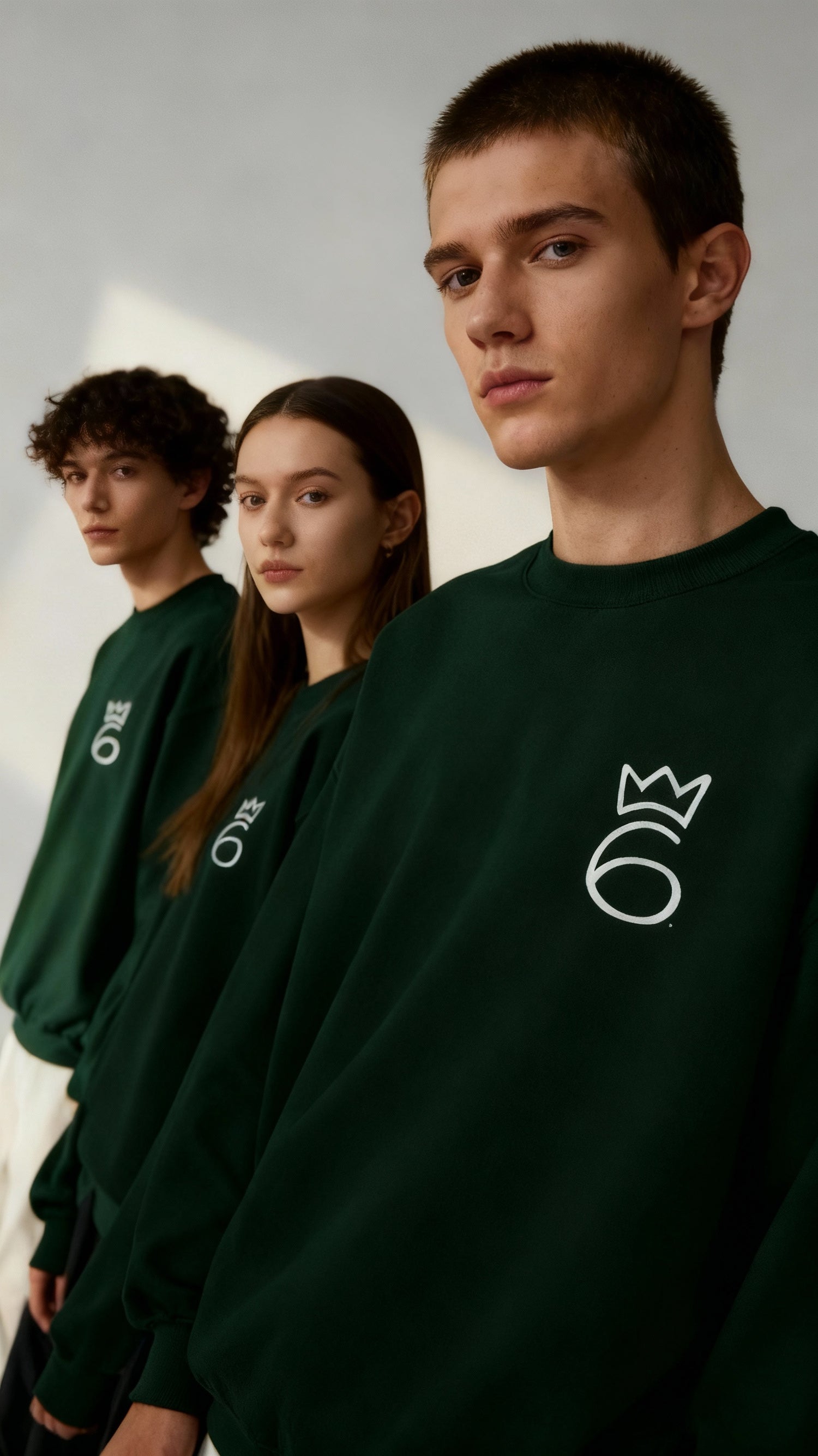 Crown on 6 Embroidered Crewneck – White graphic on Forest Green