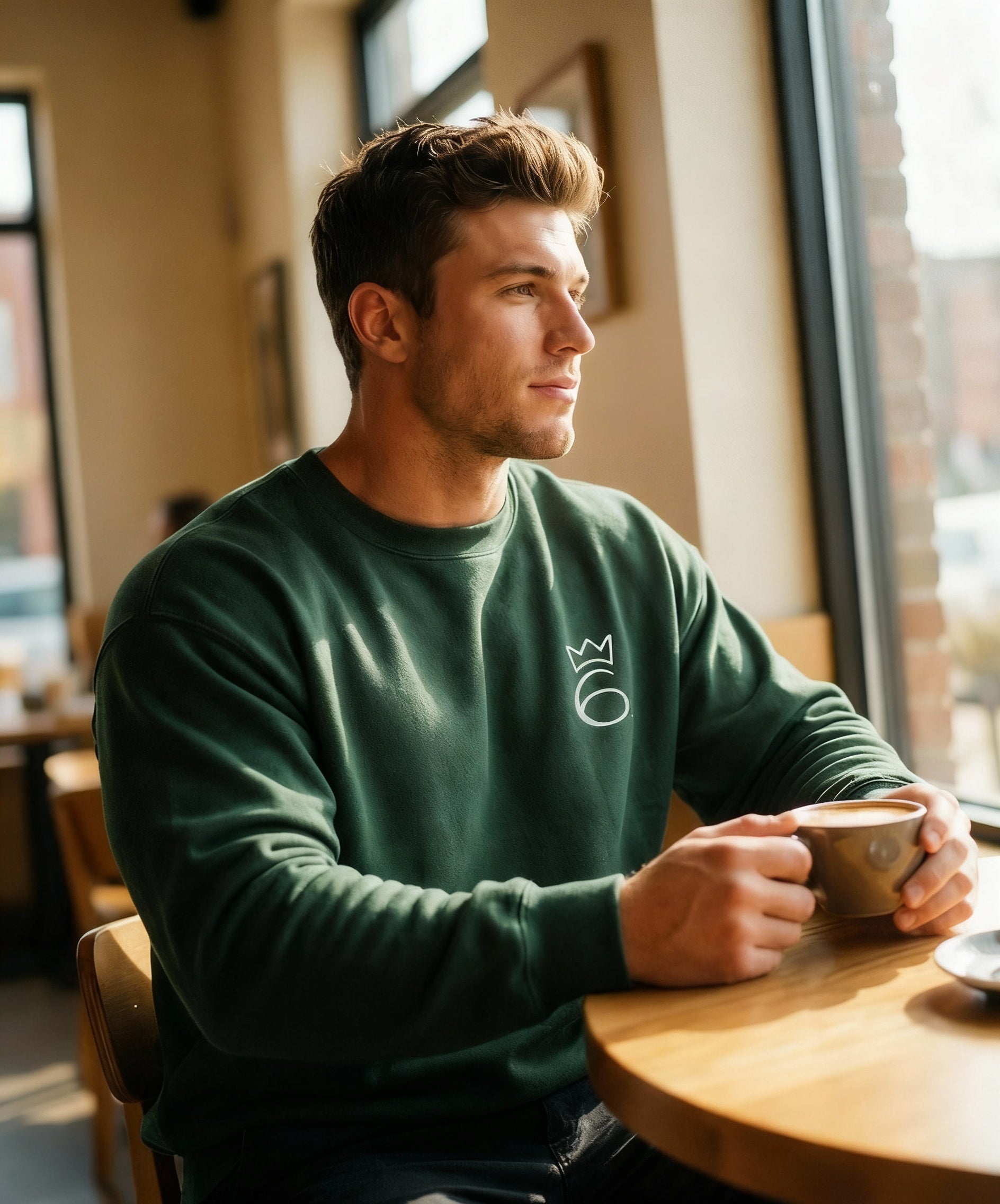 Crown on 6 Embroidered Crewneck – White graphic on Forest Green